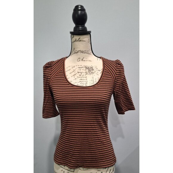 NWT Max Studio London Brown & Black Striped Puff Sleeve Scoop Neck Top/Sz. XS - Picture 1 of 8